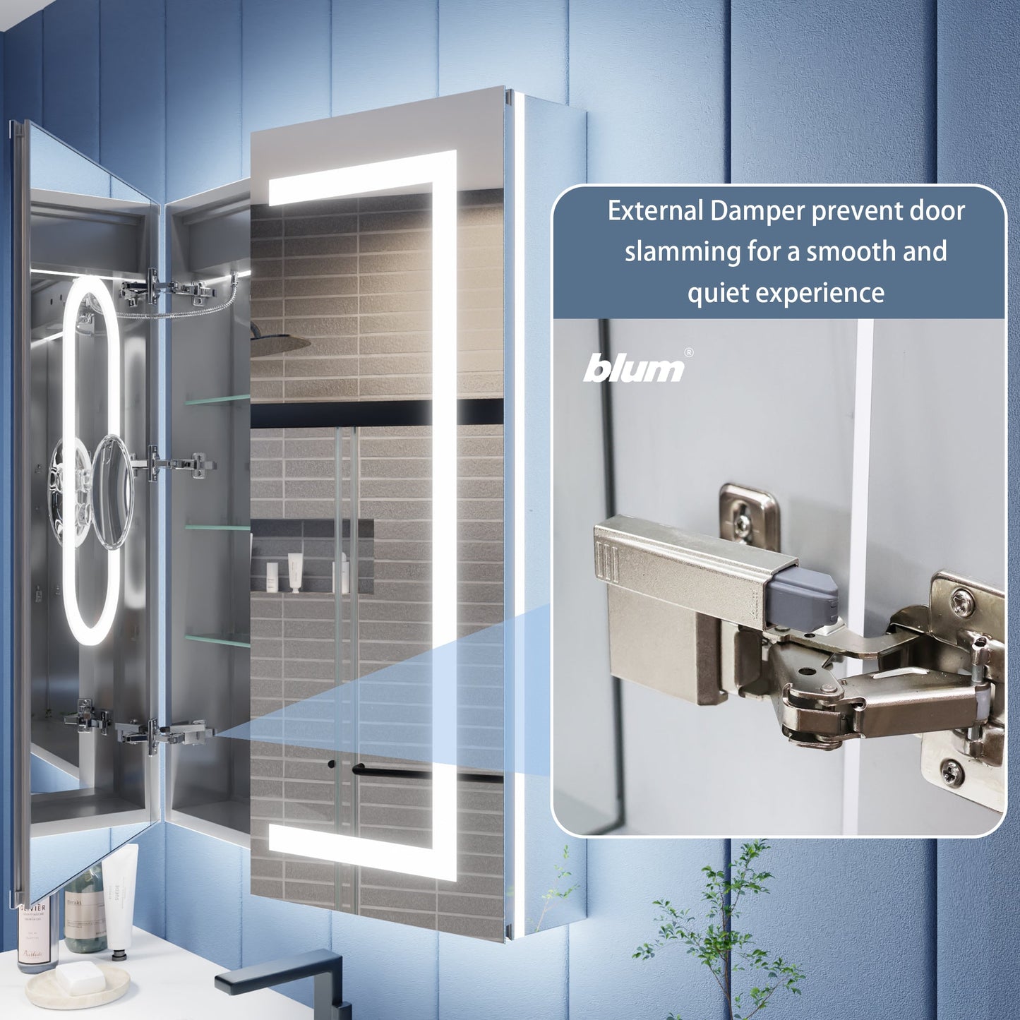 LED lighted bathroom mirror cabinet with magnifiers and advanced lighting control.