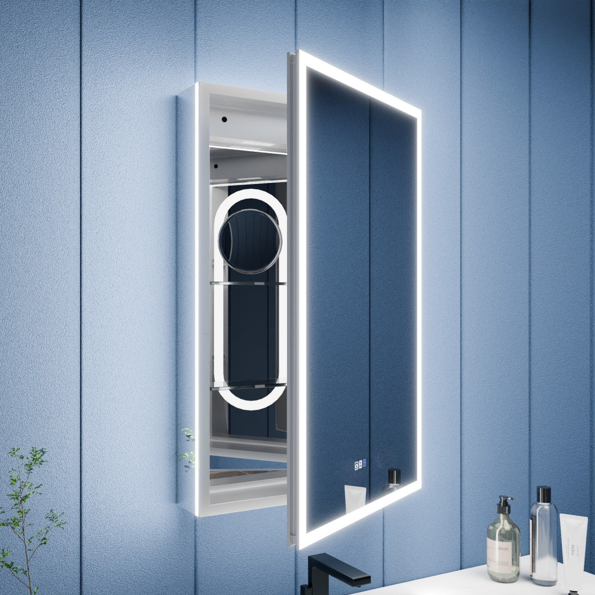 Illusion 20" x 32" Lighted Mirror Medicine Cabinet with Front and Back Magnifiers, Right Hinge