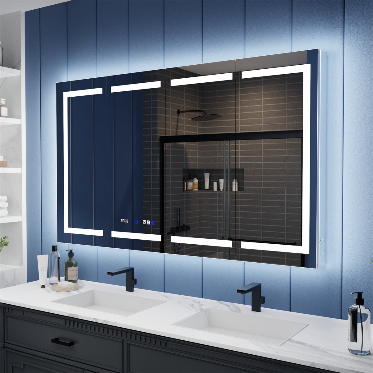Illusion-B 60" x 36" LED Lighted Inset Mirrored Medicine Cabinet with Magnifiers Front and Back Light