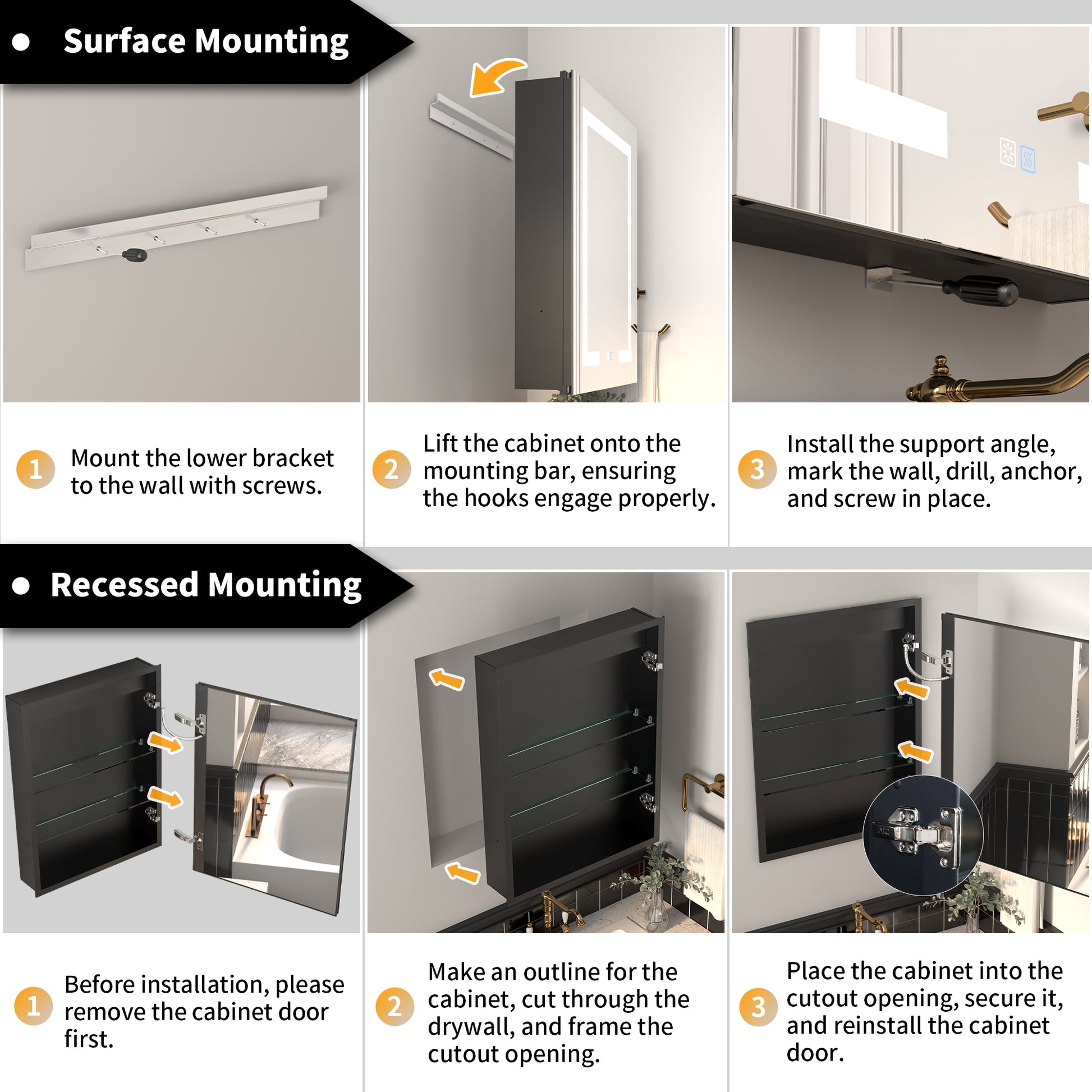 ExBrite 20"W x 26"H LED Medicine Cabinet with Matte Black Finish, Adjustable Shelves, Anti-Fog, USB Ports, Recessed or Surface Mount, Hinge on Left - ExBriteUSA