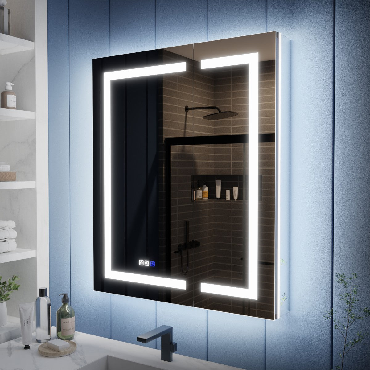 Illusion-B 30" x 36" LED Lighted Inset Mirrored Medicine Cabinet with Magnifiers Front and Back Light