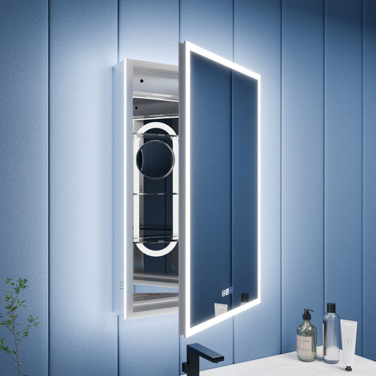 Illusion 24 x 32 inch right-hinge lighted medicine cabinet above a bathroom vanity