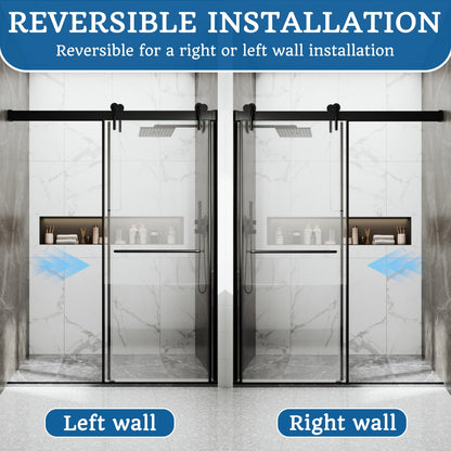 Reversible installation sliding shower door for left wall or right wall mounting, flexible layout options for any bathroom configuration.