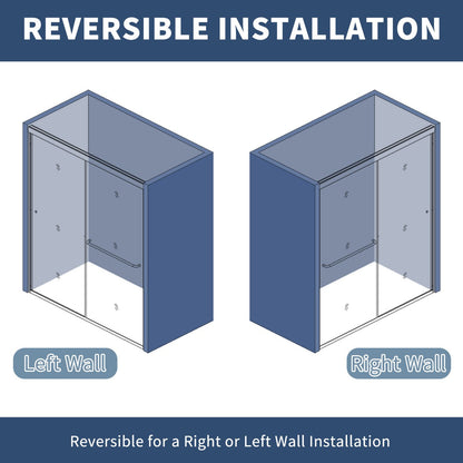 Reversible sliding glass shower doors installation diagram for left or right wall.