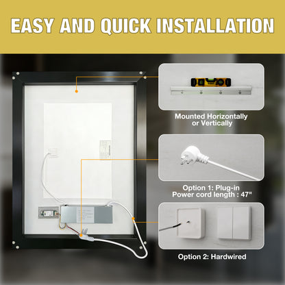 Verloar 22" W x 34" H Dimmable Lighted Bath Mirror with Light, Anti Fog and Matte Black Frame