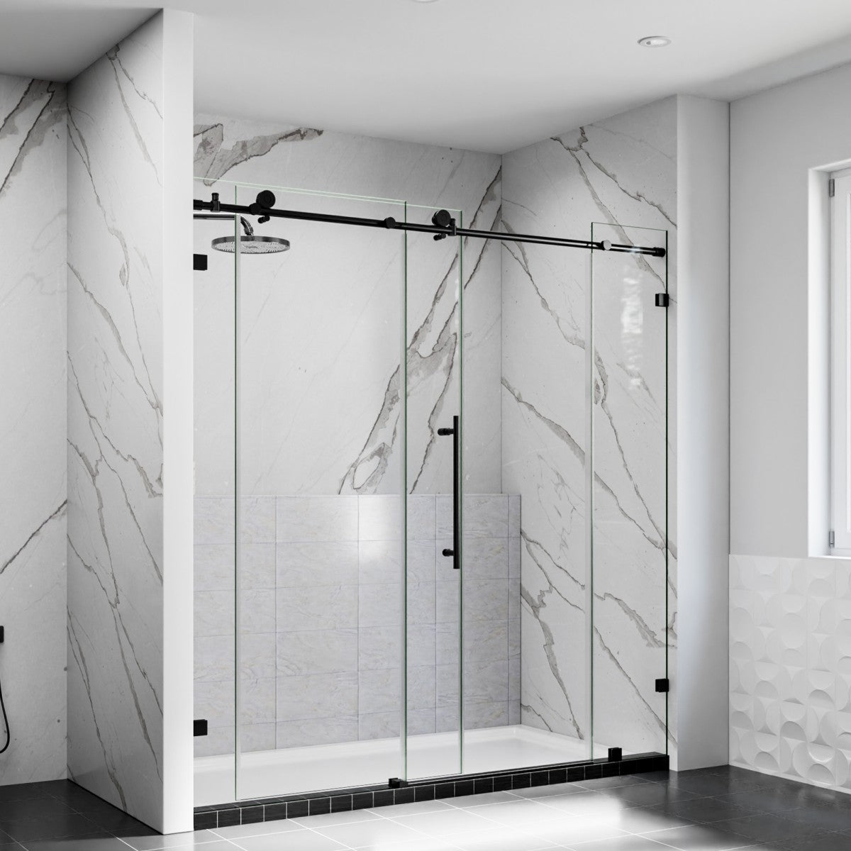 Modern shower enclosure with glass doors in a bathroom with marble walls.