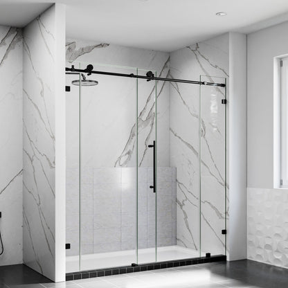 Modern shower enclosure with glass doors in a bathroom with marble walls.