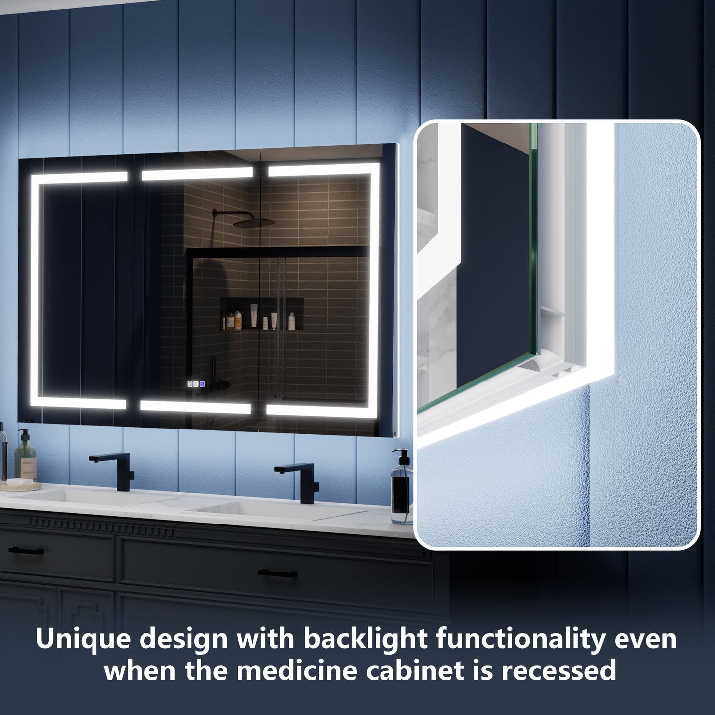 Bathroom vanity with a large illuminated mirror and inset showing the mirror's design.