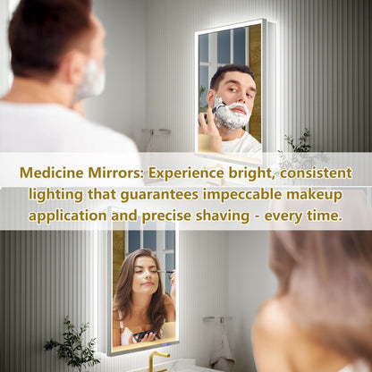 Ample 24" W x 36" H LED Lighted Chrome Bathroom Medicine Cabinet with Mirror and Shelves, Right Hinge for Recessed or Surface Mount