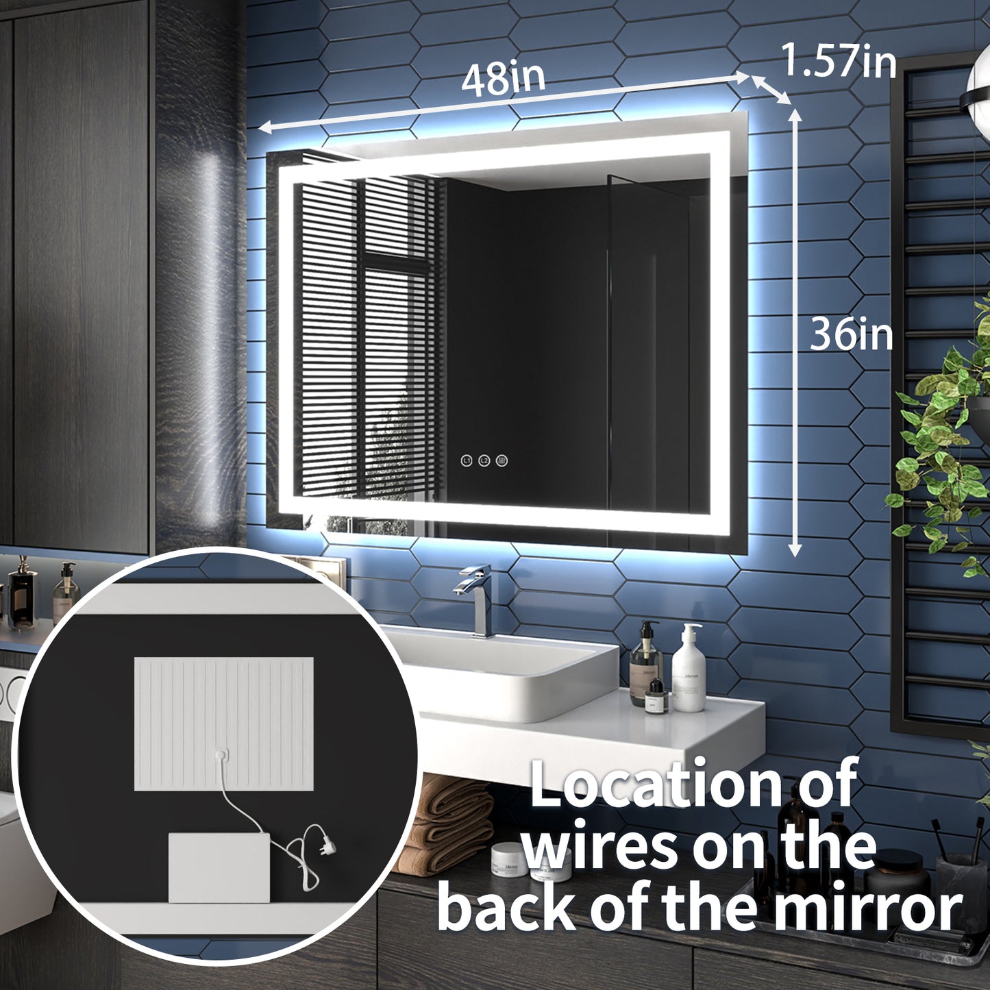 Apex 48" W x 36" H LED Bathroom Light Mirror,Anti Fog,Dimmable,Three Lighting Modes