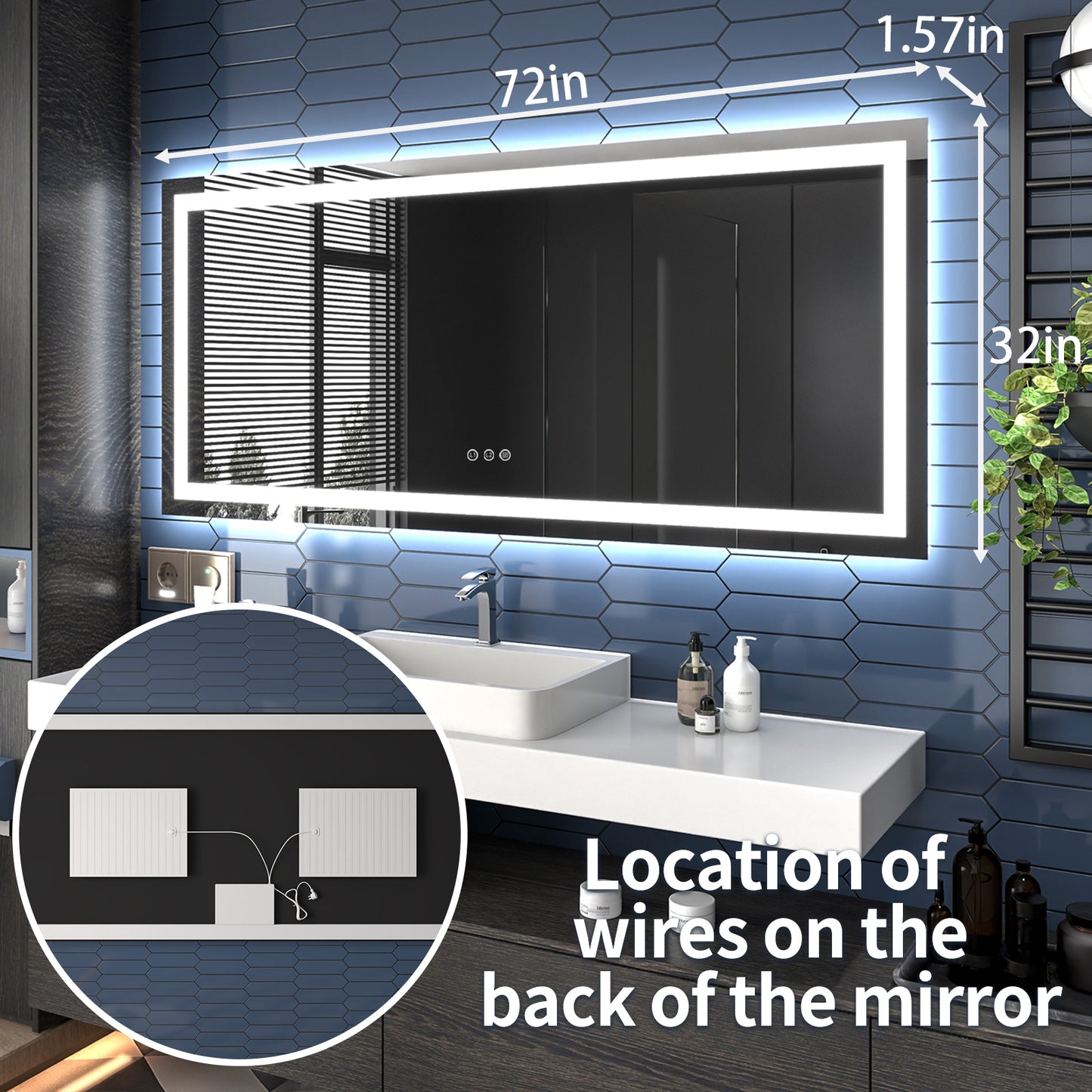 Apex 72" W x 32" H LED Bathroom Large Light Led Mirror,Anti Fog,Dimmable,Three Lighting Modes