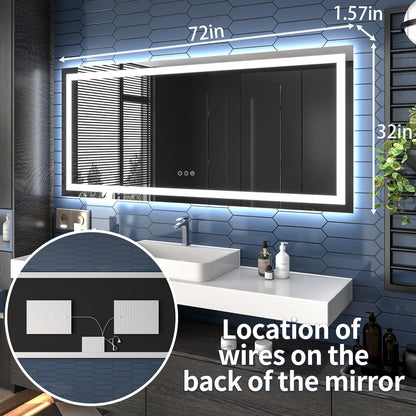 Apex 72" W x 32" H LED Bathroom Large Light Led Mirror,Anti Fog,Dimmable,Three Lighting Modes