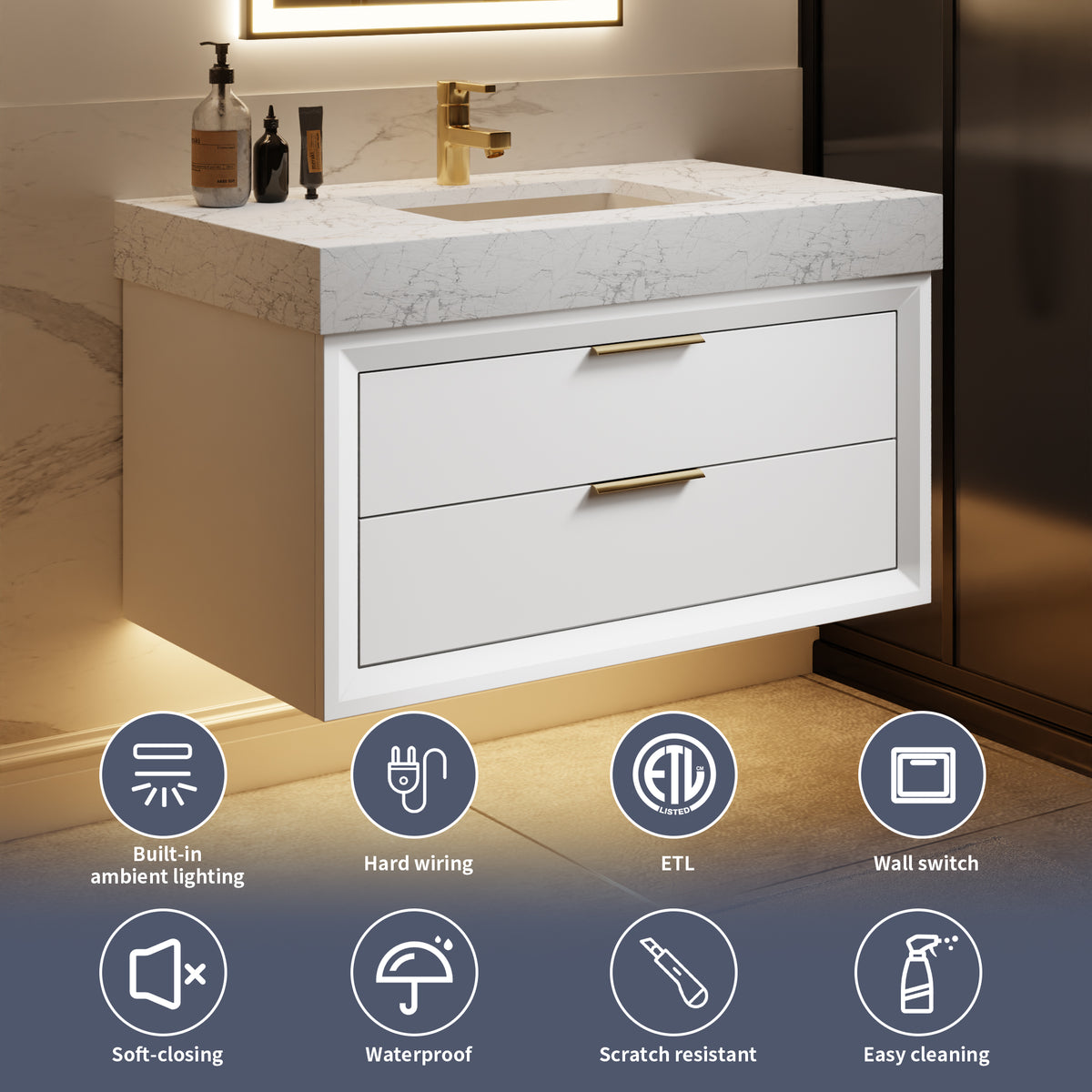 Glam 36" Modern White Bathroom Vanity with Floating Design, Lights, Stone Slab Countertop, and Single Sink