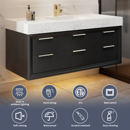 Glam 48 Inch Bathroom Vanity with Top - Modern Floating Black Rubberwood Cabinet with Lights and Stone Slab Countertop, Single Sink