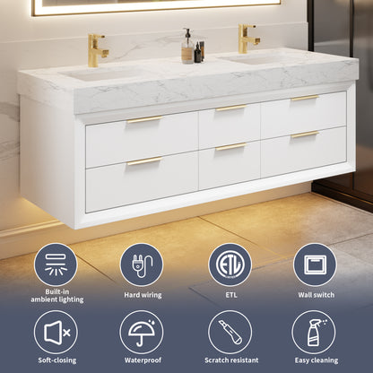 Glam 60" Modern White Vanity 60 with Rubberwood Bathroom Cabinet, Dual Sinks, Lights, and Stone Slab Countertop