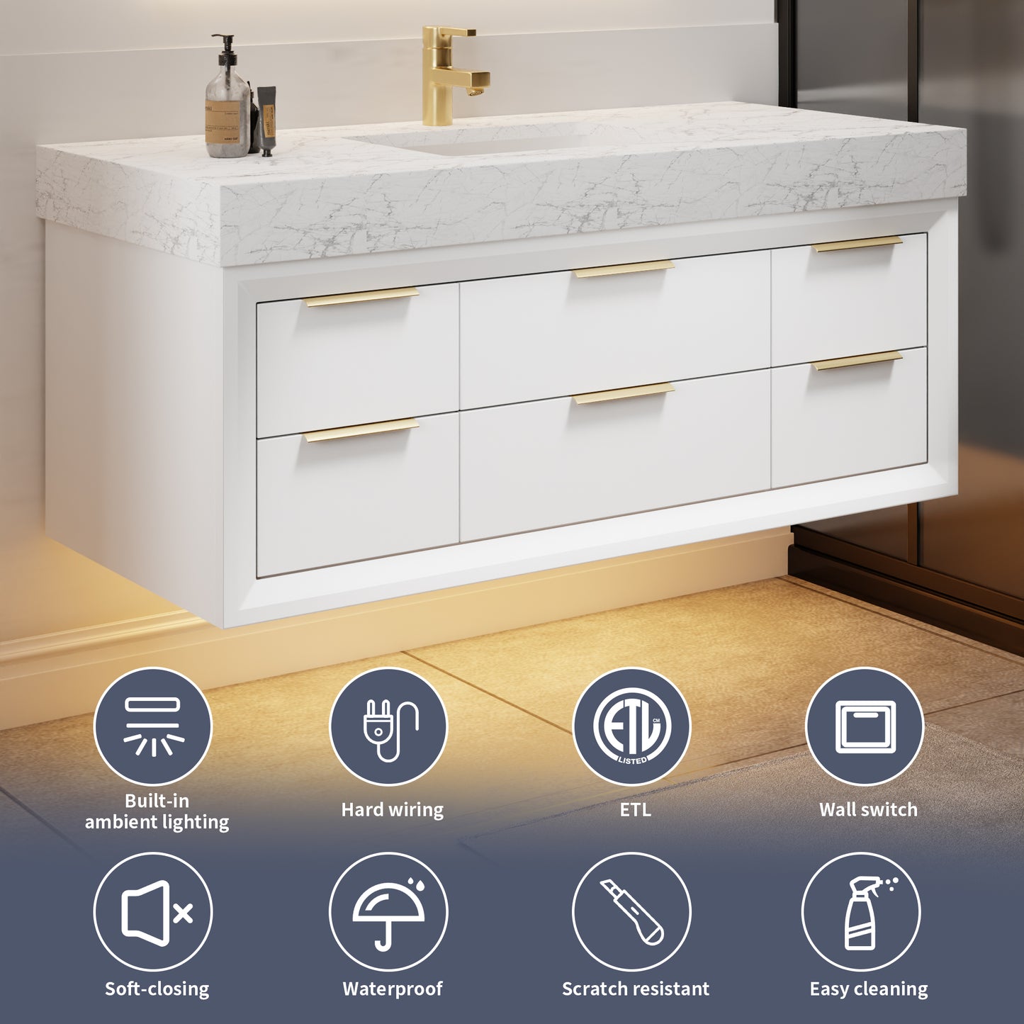 Glam 48" White Floating Bathroom Vanity with Lights and Stone Slab Countertop, Single Sink