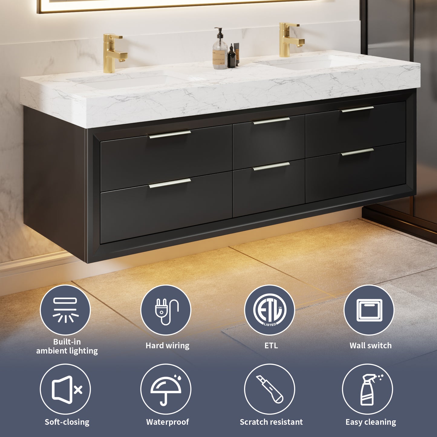 Glam 60" Black Floating Vanity 60 Modern Rubberwood Bathroom Cabinet with Lights and Stone Slab Countertop, Dual Sinks