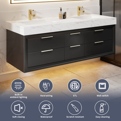 Glam 60" Black Floating Vanity 60 Modern Rubberwood Bathroom Cabinet with Lights and Stone Slab Countertop, Dual Sinks