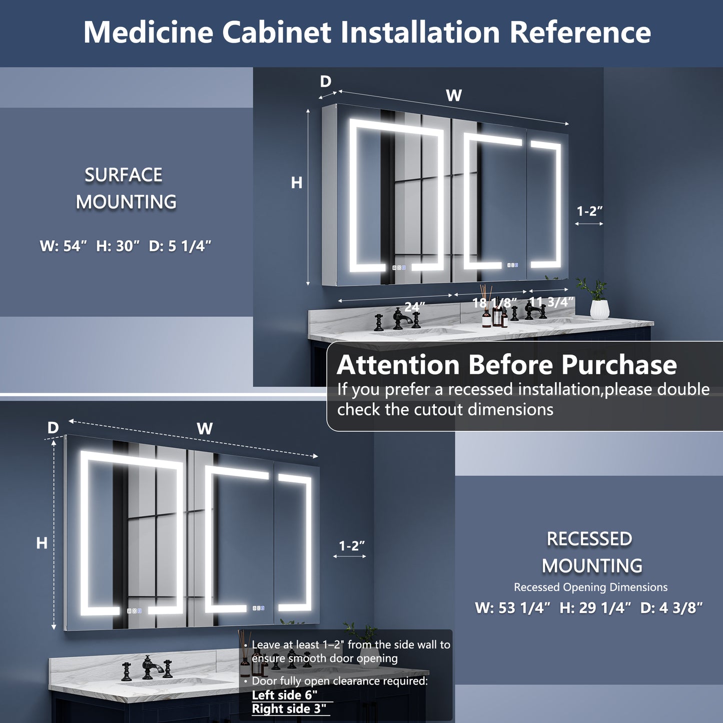 Boost-M1 54" W x 30" H Light Medicine Cabinet Recessed or Surface Mount Aluminum Adjustable Shelves Vanity Mirror Cabinet