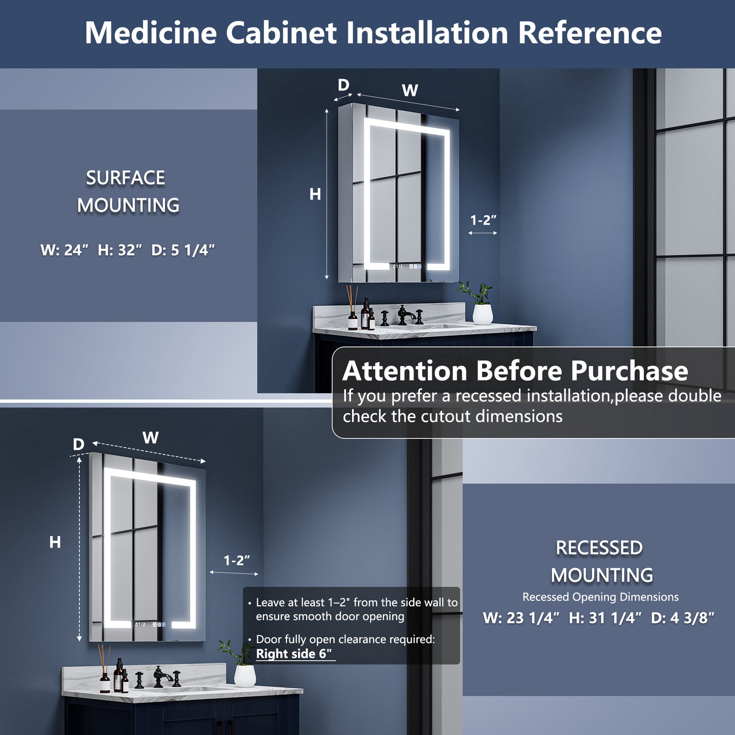 Boost-M2 24" W x 32" H LED Lighted Bathroom Medicine Cabinet with Mirror and Clock, Right Hinge