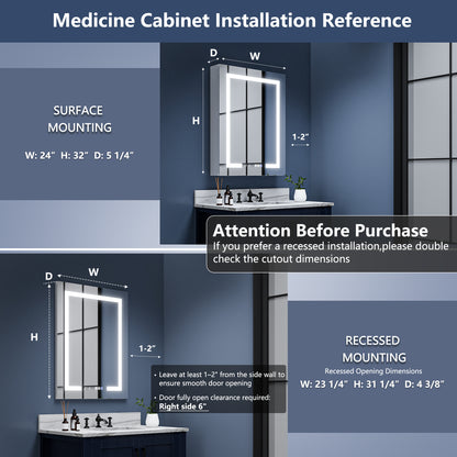 Boost-M2 24" W x 32" H LED Lighted Bathroom Medicine Cabinet with Mirror and Clock, Right Hinge