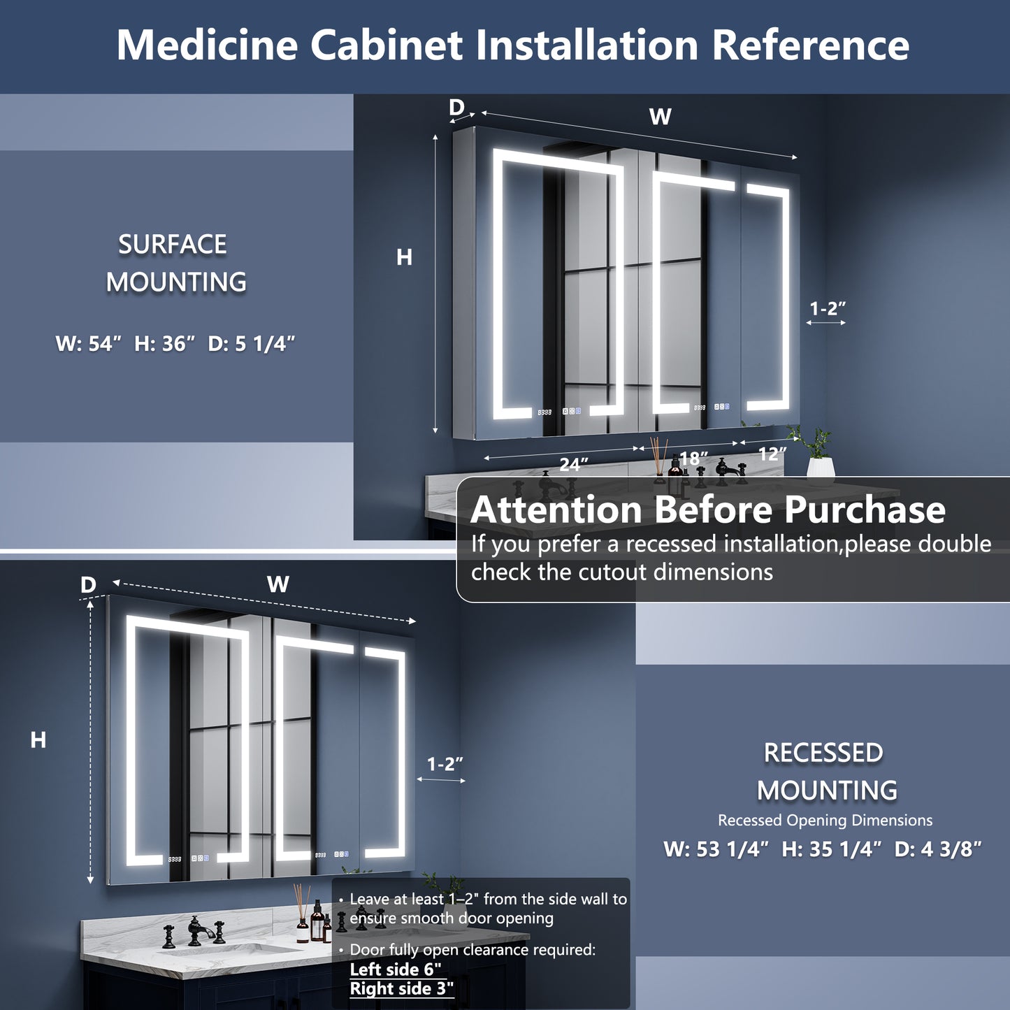 Boost-M2 54" W x 36" H Bathroom Narrow Light Medicine Cabinets with Vanity Mirror Recessed or Surface
