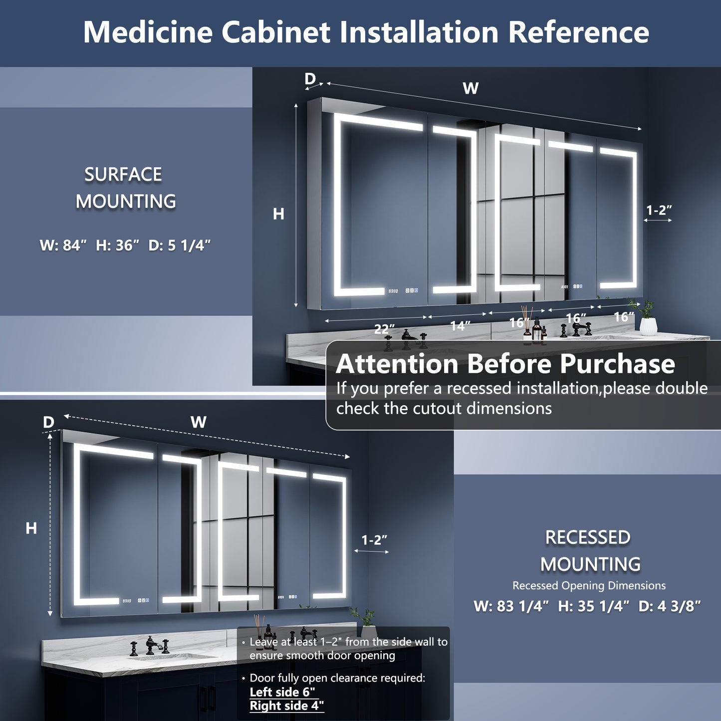 Boost-M2 84" W x 36" H LED Lighted Bathroom Medicine Cabinet with Mirror and Clock