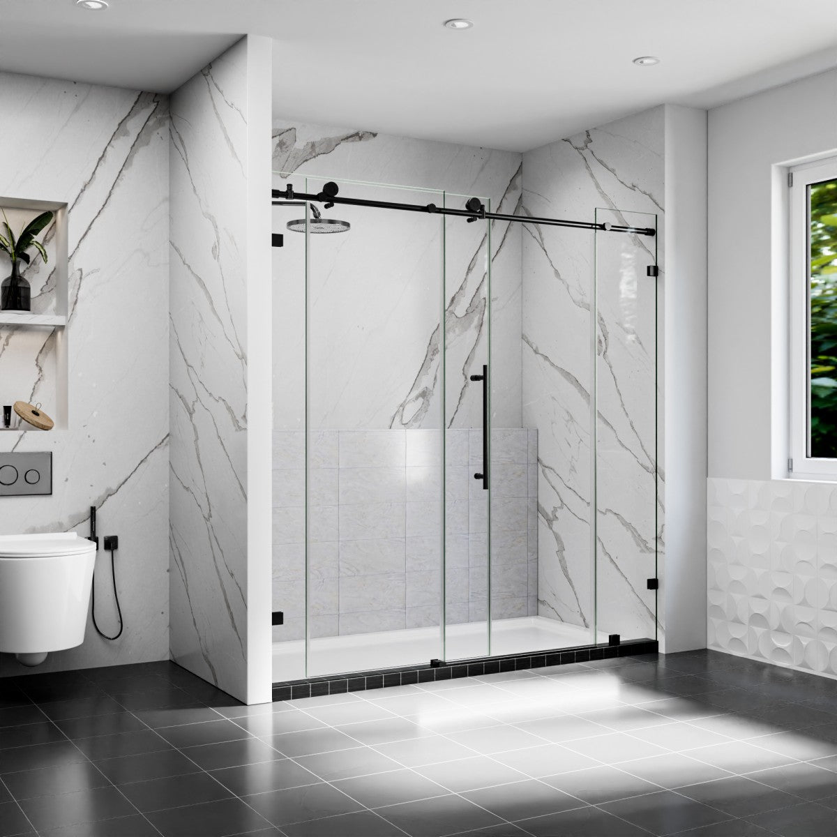 Modern bathroom with a glass shower enclosure, marble walls, and a toilet.