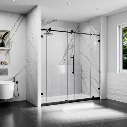 Modern bathroom with a glass shower enclosure, marble walls, and a toilet.