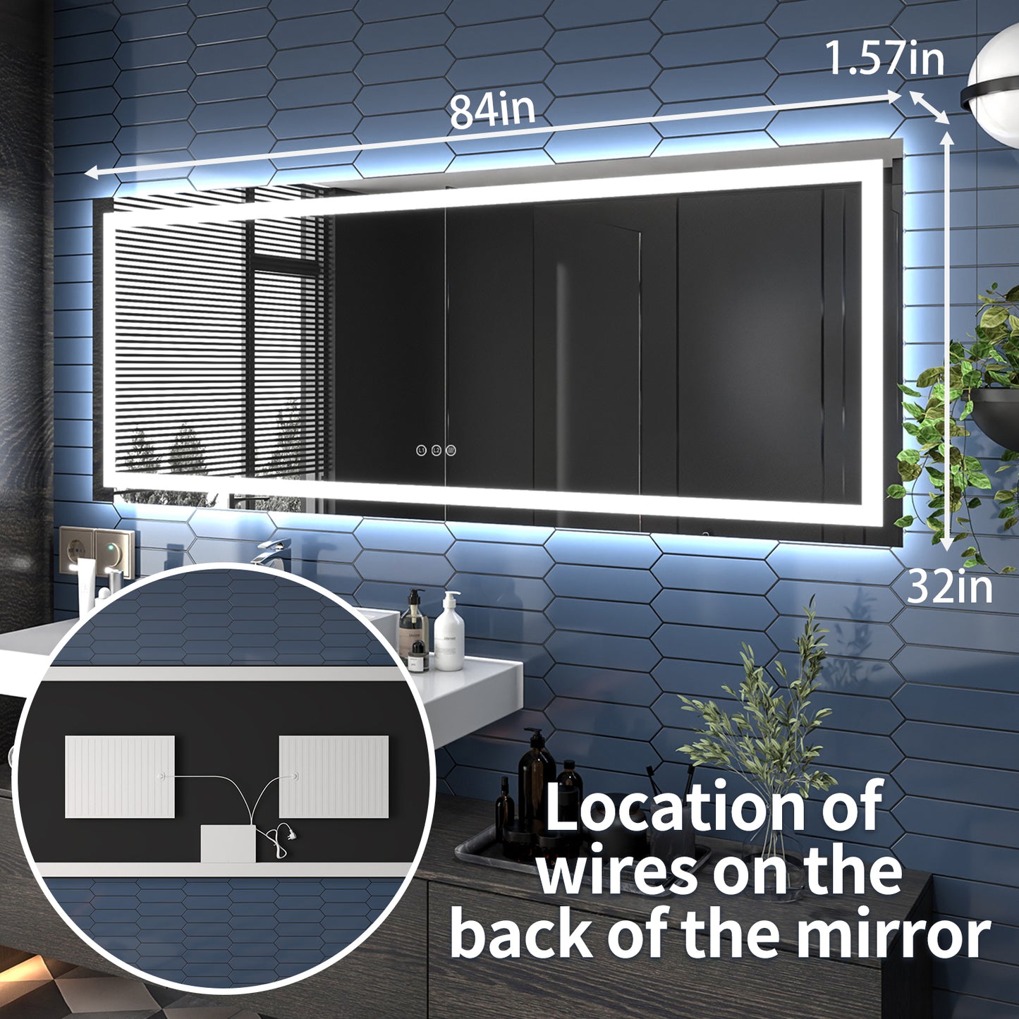 Apex 84" W x 32" H LED Bathroom Large Light Led Mirror,Anti Fog,Dimmable,Three Lighting Modes