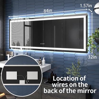 Apex 84" W x 32" H LED Bathroom Large Light Led Mirror,Anti Fog,Dimmable,Three Lighting Modes