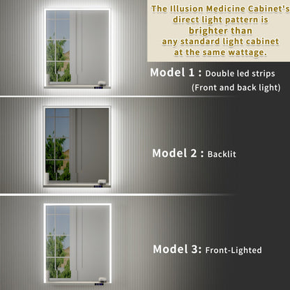 Ample 30" W x 36" H Contemporary Medicine Cabinet with LED Light, Mirror, and Shelves for Bathroom Recessed or Surface Mount