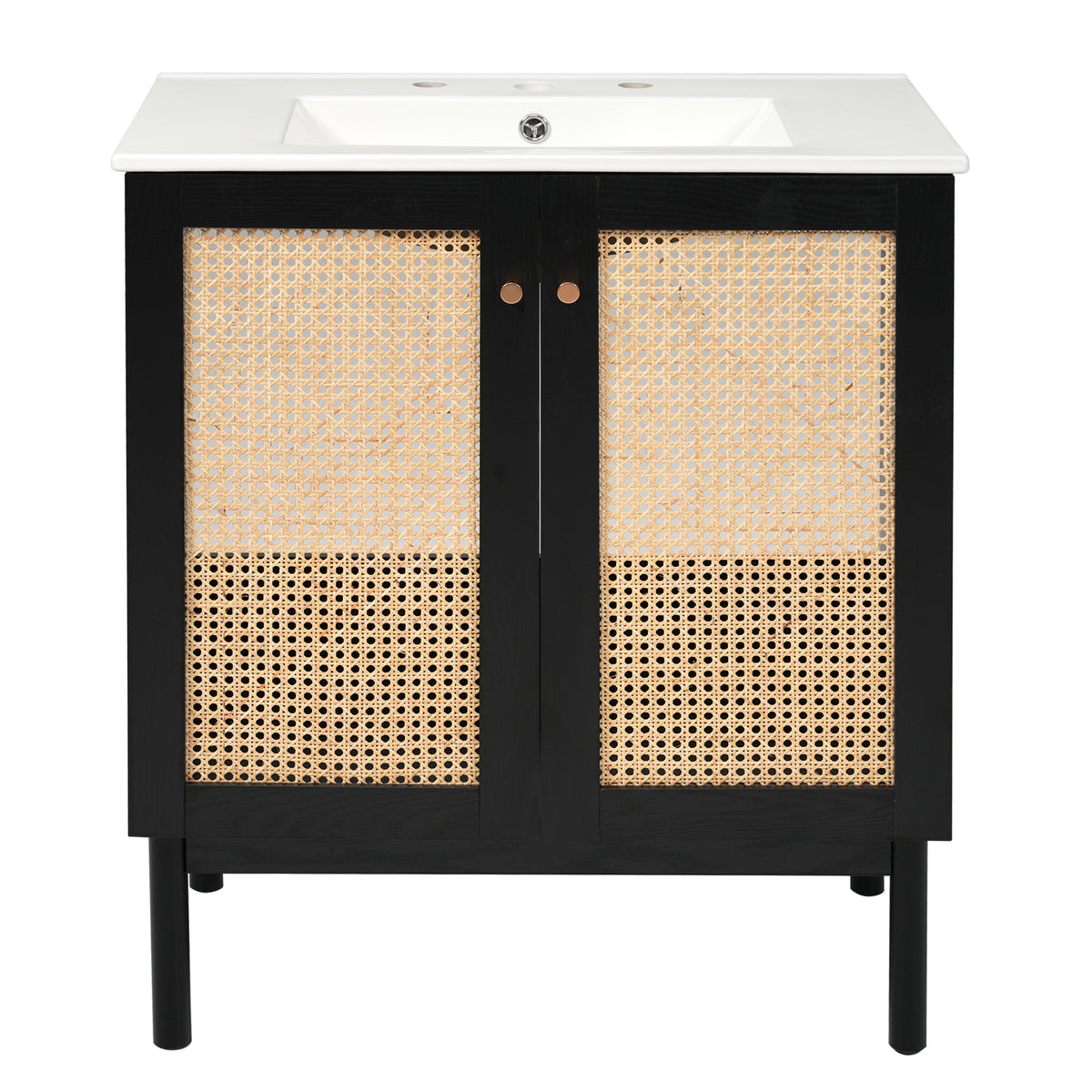 Exbrite 30-Inch Black Bathroom Vanity with Ceramic Sink and Rattan Doors
