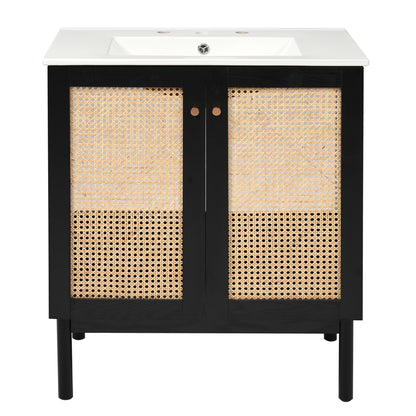 Exbrite 30-Inch Black Bathroom Vanity with Ceramic Sink and Rattan Doors