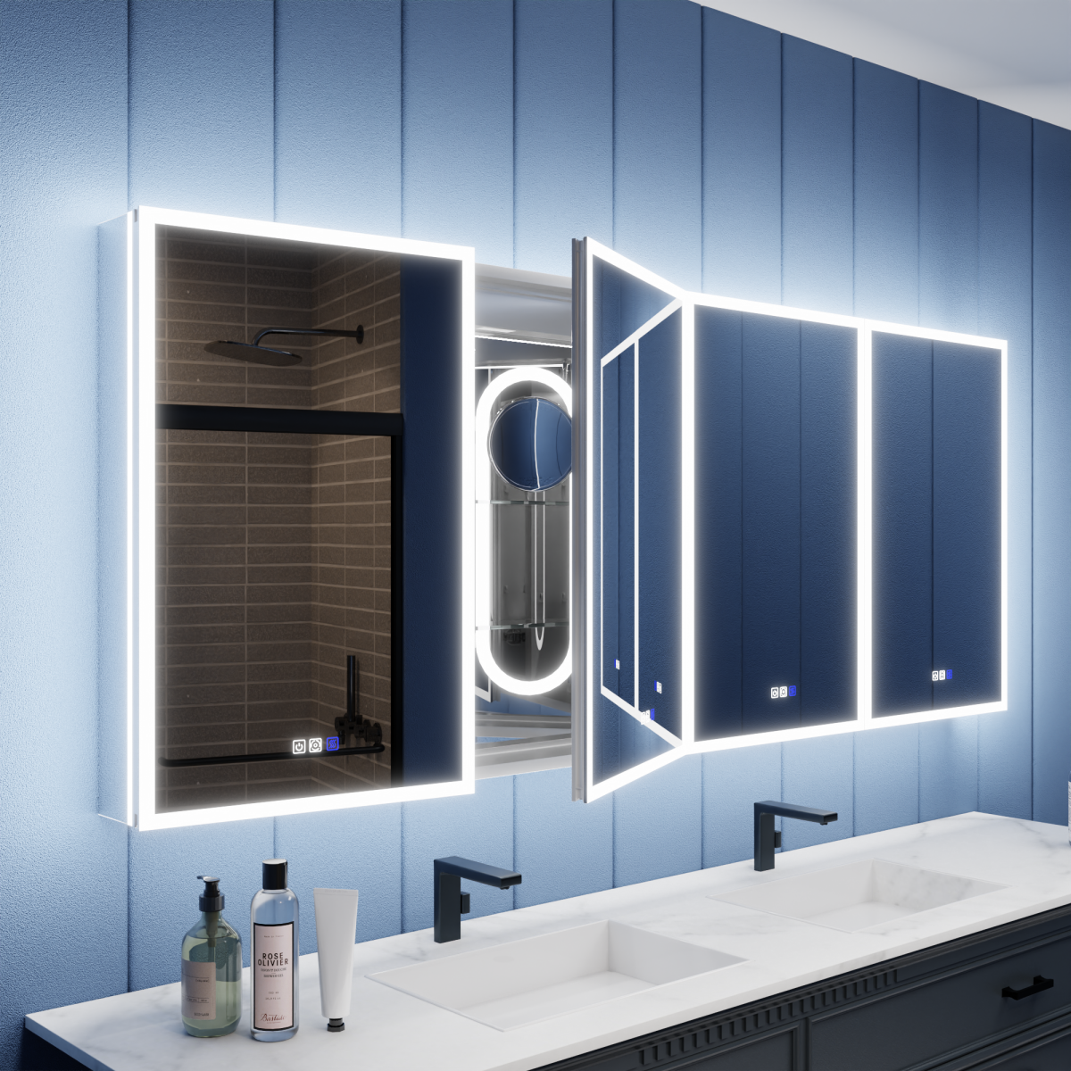 Illusion 84" x 32" LED Mirrored Medicine Cabinet with Front and Back Light Magnifiers