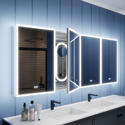 Illusion 84 x 32 inch lighted medicine cabinet installed above a bathroom vanity