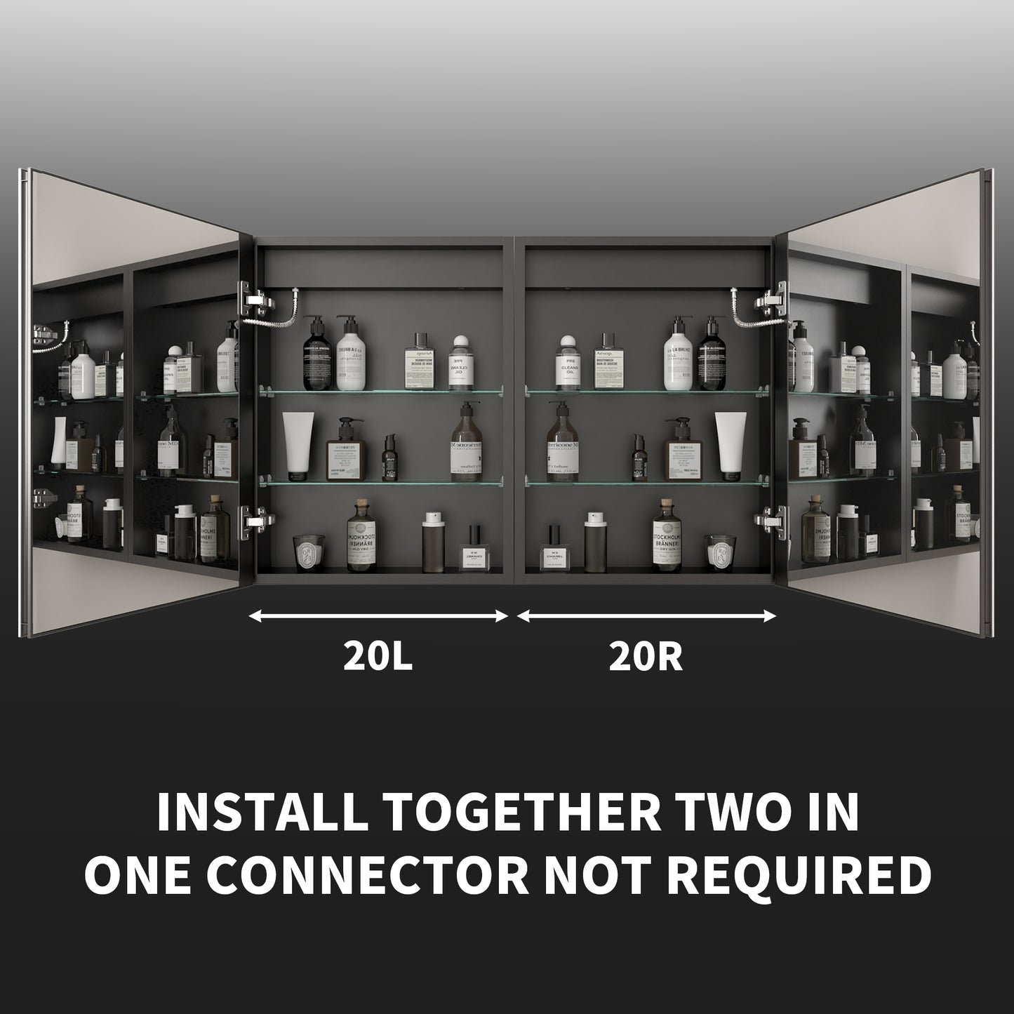 ExBrite 20"W x 26"H LED Medicine Cabinet with Matte Black Finish, Adjustable Shelves, Anti-Fog, USB Ports, Recessed or Surface Mount, Hinge on Left - ExBriteUSA
