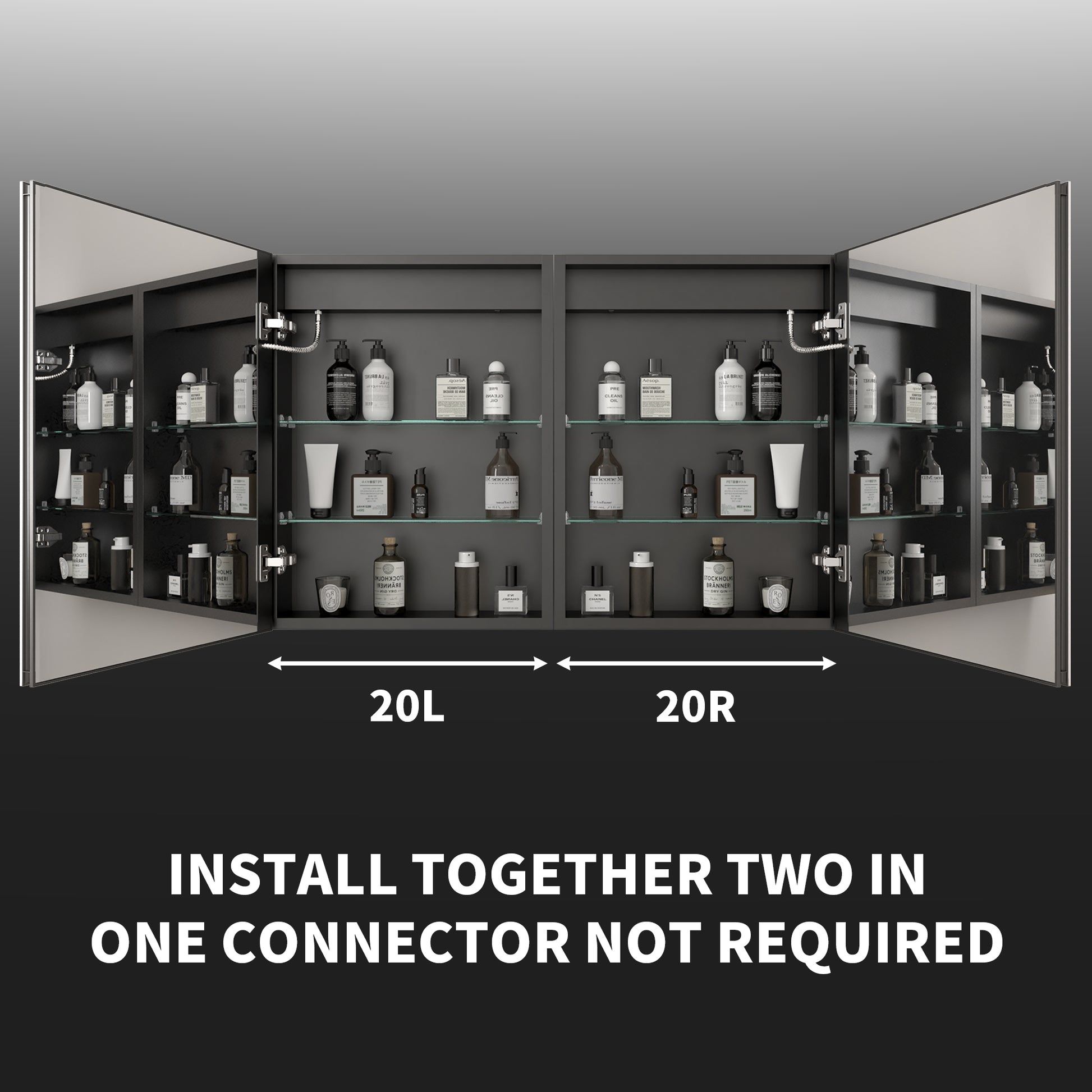 ExBrite 20"W x 26"H LED Medicine Cabinet with Matte Black Finish, Adjustable Shelves, Anti-Fog, USB Ports, Recessed or Surface Mount, Hinge on Left - ExBriteUSA