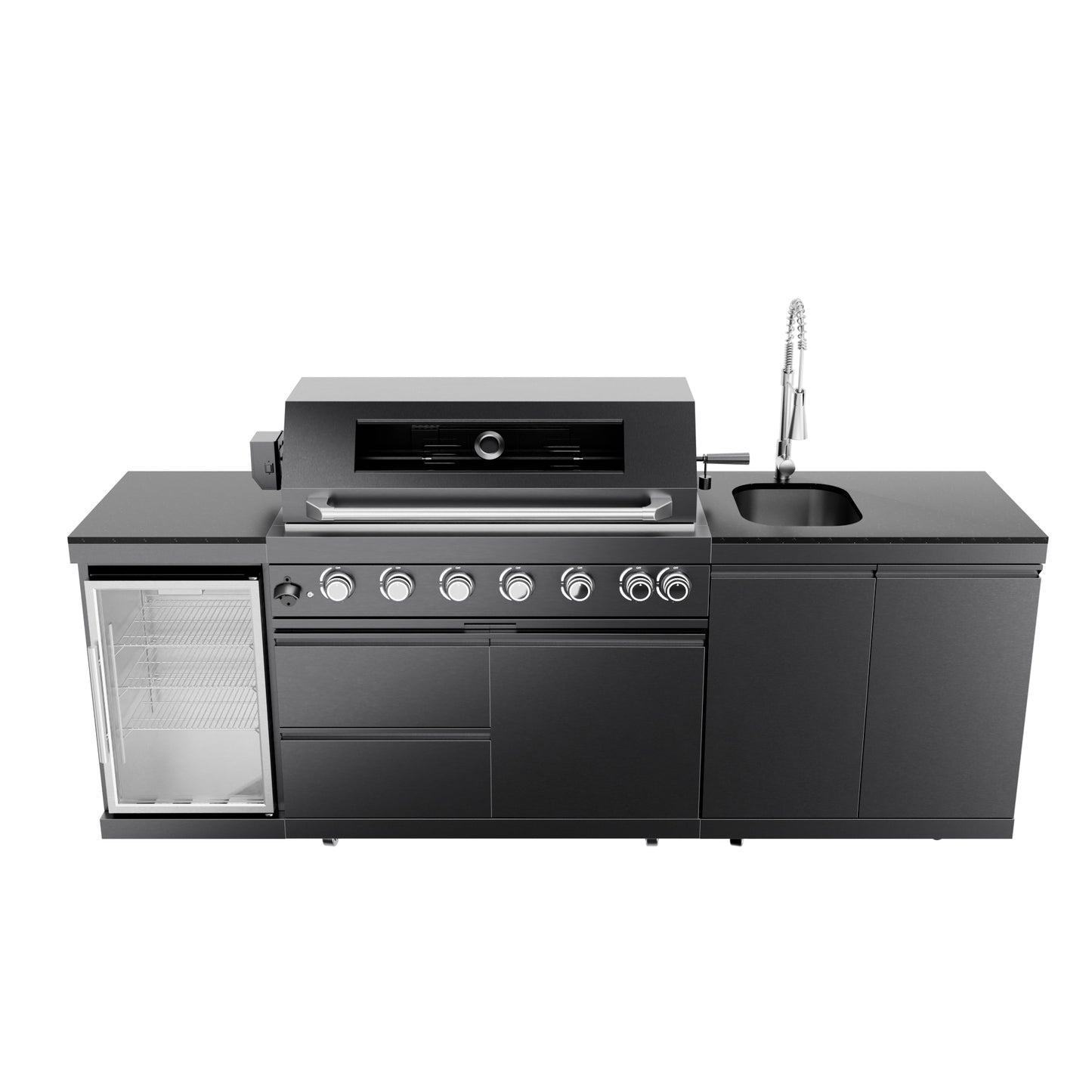 43-Inch 6-Burner 85000 BTU Deluxe Stainless Steel Gas Outdoor Kitchen Bar Barbecue Island Grill + Wine Cooler Compact Refrigerator + Rotisserie kit + Granite Countertops + Stainless steel Sink