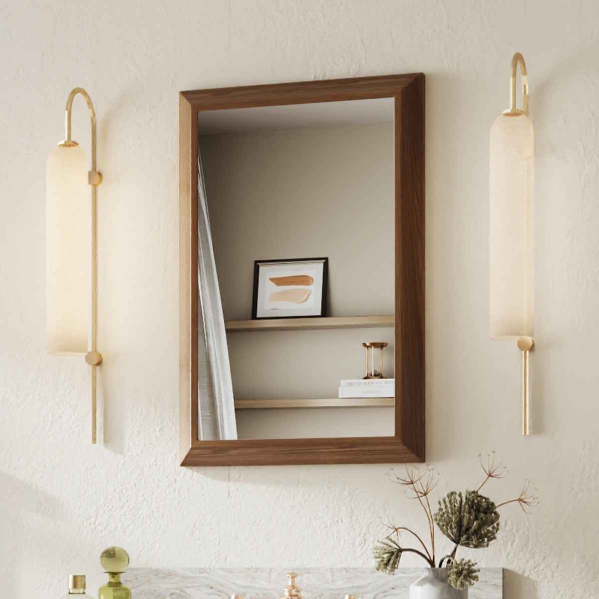 16" x 24" Modern, Elegant Rectangular Wall Mirror with Tempered Glass, Shatterproof, Rust-Resistant Dark Wood Grain Aluminum Frame for Bathroom, Living Room & Hallway| Nolhurst