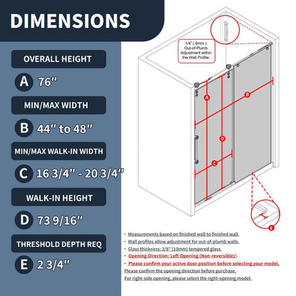 44-48" x 76" Frameless Sliding Shower door,Chrome,Easy clean|ExBrite Elysian-G Series