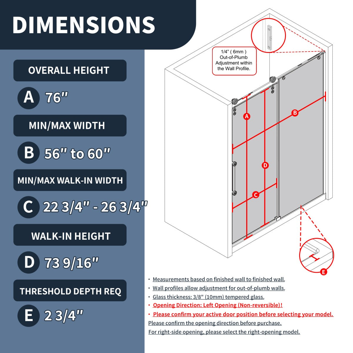 Shower enclosure dimensions chart with a diagram of the shower setup.