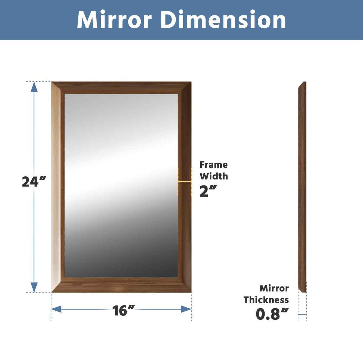 16" x 24" Modern, Elegant Rectangular Wall Mirror with Tempered Glass, Shatterproof, Rust-Resistant Dark Wood Grain Aluminum Frame for Bathroom, Living Room & Hallway| Nolhurst