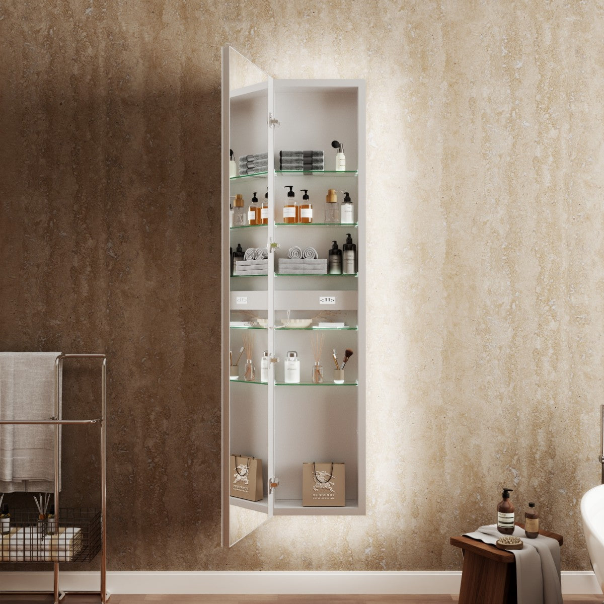 Bathroom with a tall mirror cabinet filled with toiletries against a textured wall.