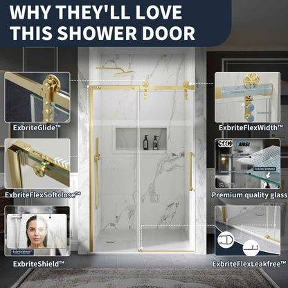 44-48" x 76" Frameless Sliding Shower door,Brushed Gold,Easy clean|ExBrite Elysian-S Series