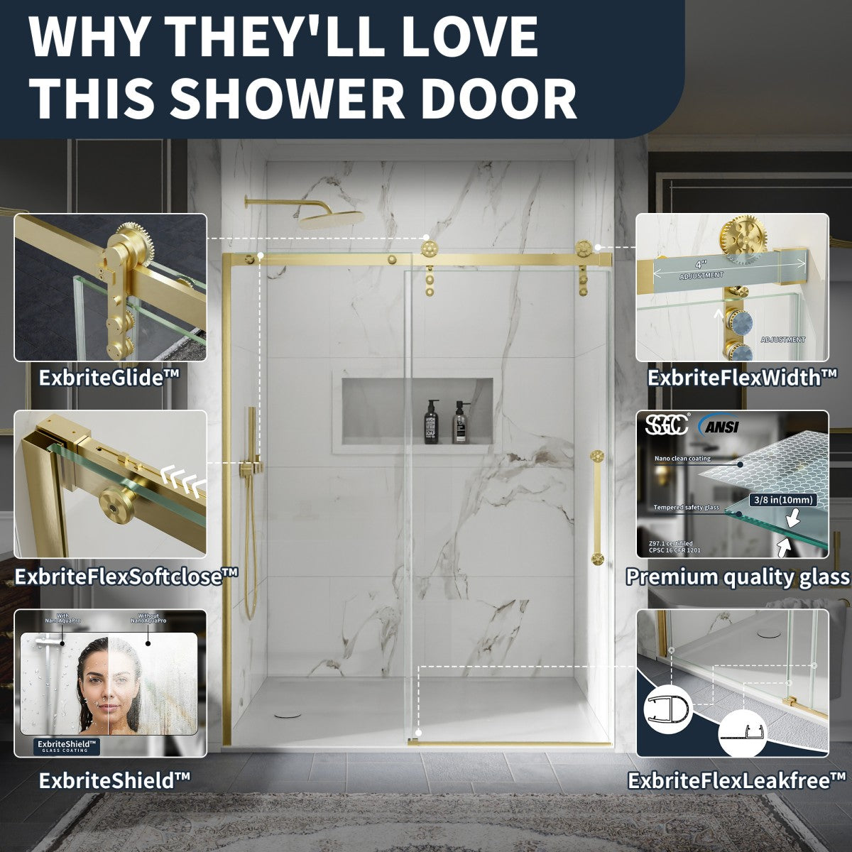 56-60" x 76" Frameless Sliding Shower door,Brushed Gold,Easy clean,Fixed glass left|ExBrite Elysian-S Series