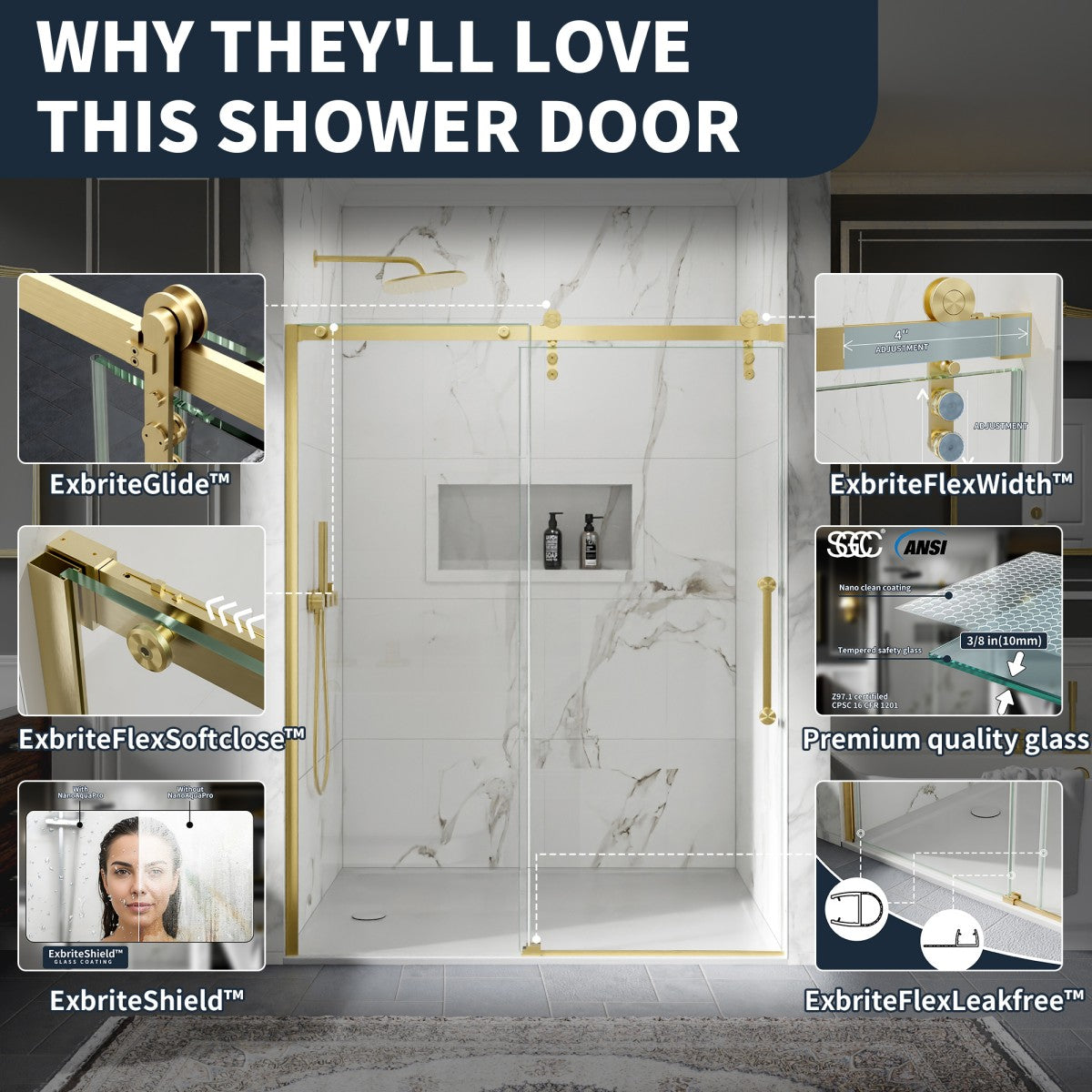 56-60" x 76" Frameless Sliding Shower door,Brushed Gold,Easy clean,Fixed Glass Left|ExBrite Elysian-R Series