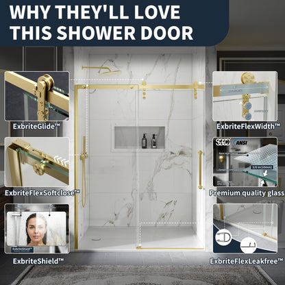 56-60" x 76" Frameless Sliding Shower door,Brushed Gold,Easy clean,Fixed Glass Left|ExBrite Elysian-R Series