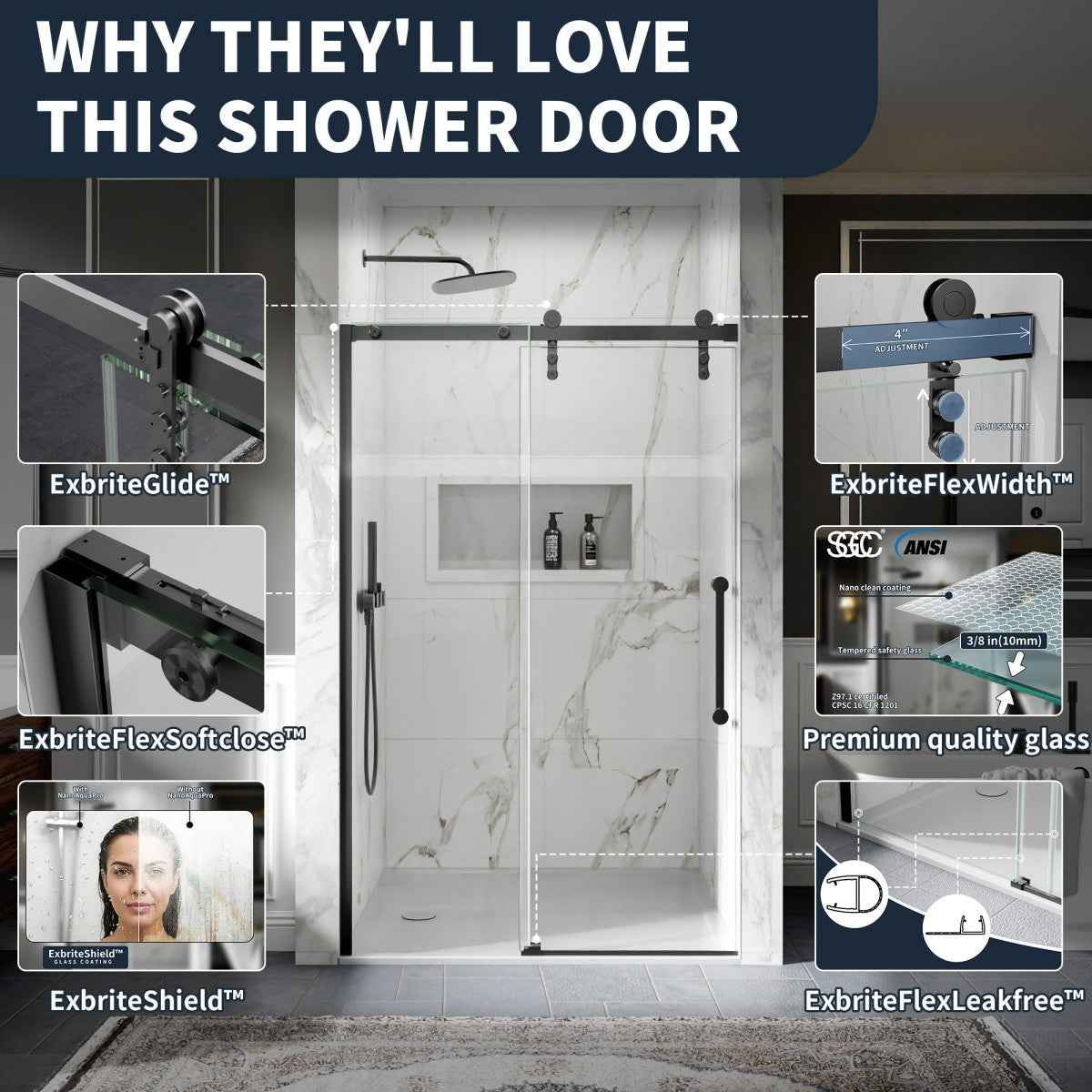 44-48" x 76" Frameless Sliding Shower door,Matte Black,Easy clean|ExBrite Elysian-M Series