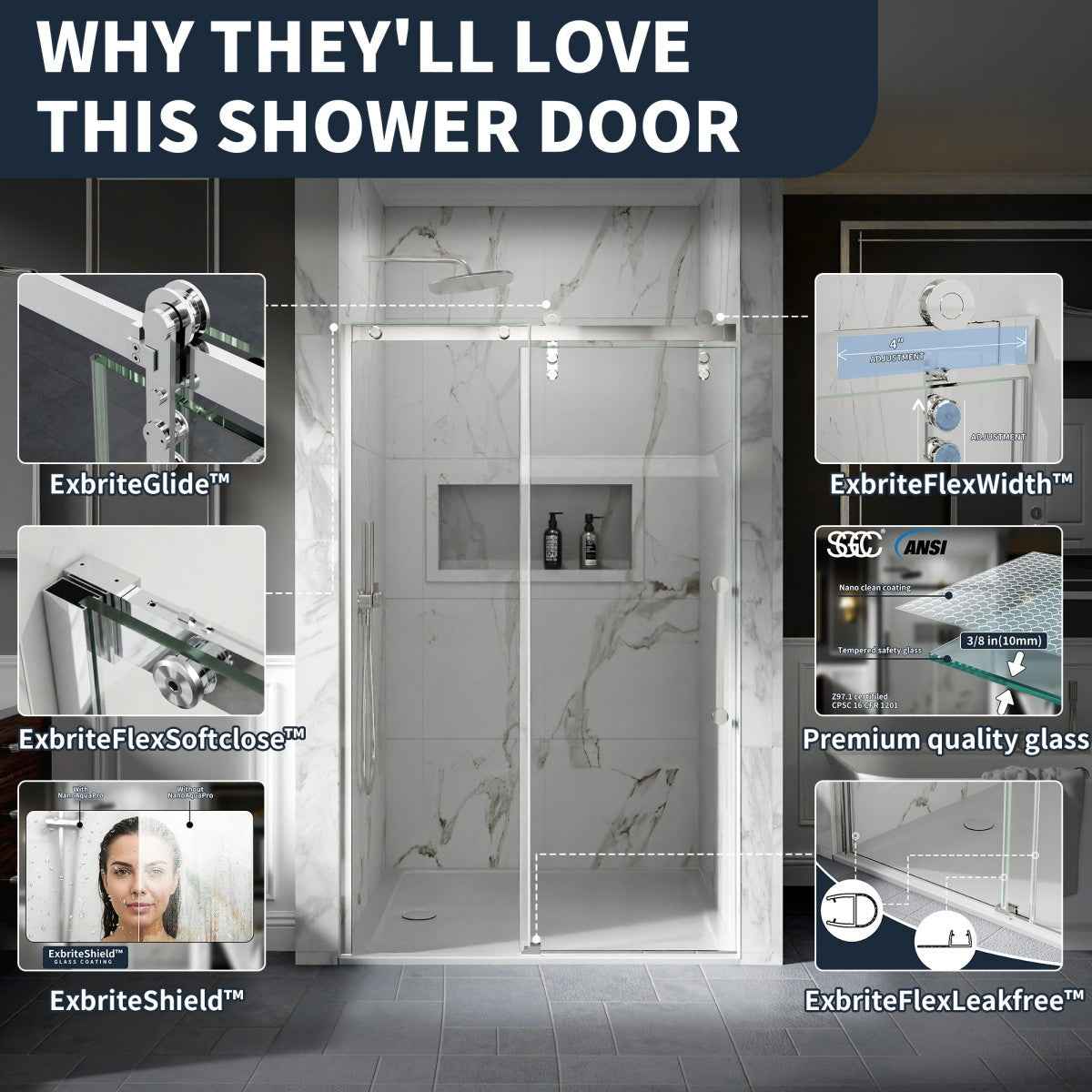 44-48" x 76" Frameless Sliding Shower door,Chrome,Easy clean|ExBrite Elysian-M Series